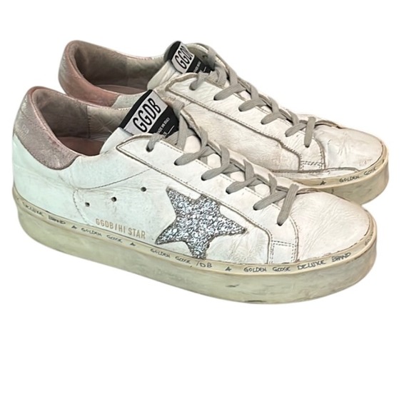 Golden Goose Hi Star Sneakers White Leather Glitter Star Platform Shoes Size 37 - Picture 1 of 13